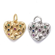 Brass Micro Pave Colorful Cubic Zirconia Charms, Long-Lasting Plated, Heart, Mixed Color, 12x12x2mm, Hole: 3mm(KK-P192-06)