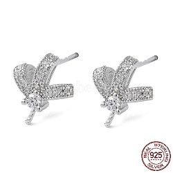 Rhodium Plated 925 Sterling Silver Stud Earring Findings, with Clear Cubic Zirconia, Bowknot, for Half Drilled Beads, with S925 Stamp, Real Platinum Plated, 10x8.5mm, Pin: 11x1mm and 0.9mm(STER-M115-17P)