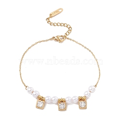 Square Cubic Zirconia Charm Bracelet with Acrylic Pearl, Gold Plated 304 Stainless Steel Jewelry for Women, Clear, 6-3/4 inch(17cm)(BJEW-F396-20G-01)