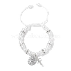 Adjustable Plastic Imitation Pearl Cubic Zirconia Braided Bead Bracelets, Virgin Mary & Cross Charms Bracelets for Women, White, 7-1/2 inch(19cm)(PW-WGD1F75-01)