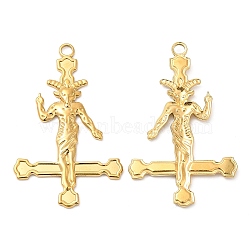 304 Stainless Steel Pendants, Cross with Baphomet Charm, Real 18K Gold Plated, 43x27x2mm, Hole: 3mm(STAS-Z041-21G)