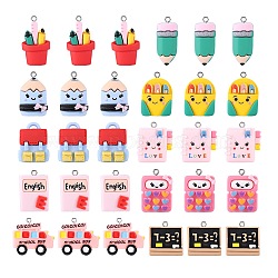 30Pcs 10 Styles School Season Opaque Resin Pendants, Study Supplies Charm, with Platinum Tone Iron Loops, Notebook & Pen Bag & Pencil, Mixed Shapes, Mixed Color, 23.5~31.5x14~30.5x4~8mm, Hole: 2~2.5mm, 3pcs/style(RESI-SZ0002-02)