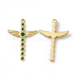 Vacuum Plating 201 Stainless Steel Pendants, with Rhinestone, Real 18K Gold Plated, Sword with Wing Charms, Fern Green, 35x23.5x3mm, Hole: 1.6mm(STAS-J401-VC1006)