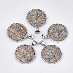 Freshwater Shell Pendants, with Alloy Findings, Dyed, Flat Round with Tree of Life, Platinum, Tan, 37.5x33.5x3mm, Hole: 6x8.5mm(SHEL-S275-01F)