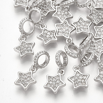 Brass Micro Pave Cubic Zirconia European Dangle Charms, Large Hole Pendants, Star, Clear, Real Platinum Plated, 17mm, Hole: 4mm, Star: 9.5x8x2.5mm