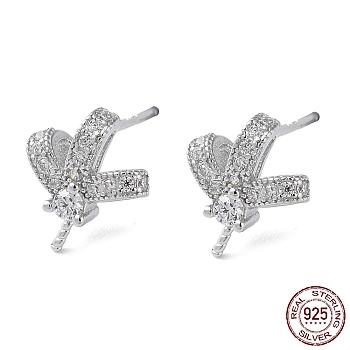 Rhodium Plated 925 Sterling Silver Stud Earring Findings, with Clear Cubic Zirconia, Bowknot, for Half Drilled Beads, with S925 Stamp, Real Platinum Plated, 10x8.5mm, Pin: 11x1mm and 0.9mm