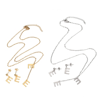 304 Stainless Steel Jewelry Sets, Cable Chains Pendant Necklaces and Stud Earrings, with Lobster Claw Clasps and Ear Nuts, Alphabet, Golden & Stainless Steel Color, Letter.E, 17.71 inch(45cm),  11x8.5x0.5mm, Pin: 0.8mm