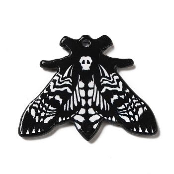 Printed Acrylic Pendants, Moth Charm, Black, 28.4x35.7x2.5mm, Hole: 1.8mm