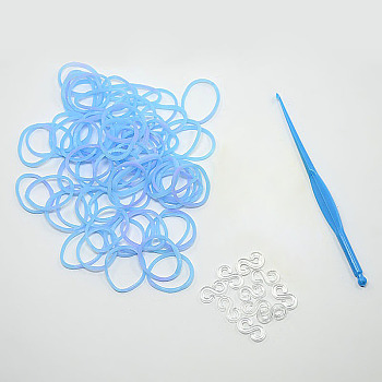 (Defective Closeout Sale), Dyed Rubber Bands Refills, with Tool and Plastic S-Clips, Sky Blue, Hook: 80x6x3mm, Tool: 25x54x7mm, Clip: 11x6x2mm, Band: 6x1mm, about 260pcs/bag