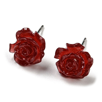 Resin Rose Flower Stud Earrings with 316 Stainless Steel Pins, Dark Red, 9~9.5x9~9.5mm