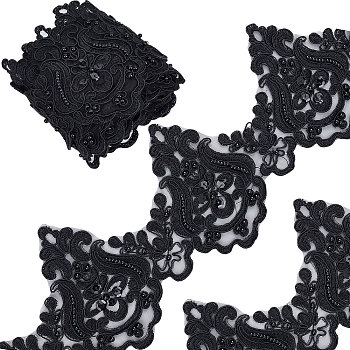 Polyester Lace Trim, Embroidery Flower Lace Ribbon with Plastic Imitation Pearl Beads, for Garment Accessories, Black, 5~5-1/8 inch(128~130mm), about 3 yards/roll