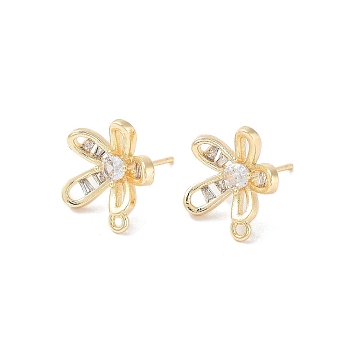 Brass Micro Pave Cubic Zirconia Stud Earring Findings, Flower, Real 18K Gold Plated, 13.5x15.5mm, Hole: 1.4mm, Pin: 0.8mm