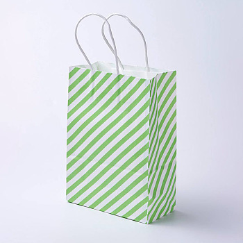 kraft Paper Bags, with Handles, Gift Bags, Shopping Bags, Rectangle, Diagonal Stripe Pattern, Green, 33x26x12cm