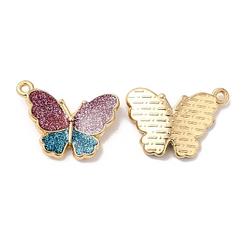 Alloy Enamel Pendants, with Glitter Powder, Long-Lasting Plated, Cadmium Free & Nickel Free & Lead Free, Golden, Butterfly Charm, Old Rose, 15x20x3.6mm, Hole: 1.2mm