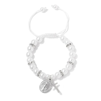 Adjustable Plastic Imitation Pearl Cubic Zirconia Braided Bead Bracelets, Virgin Mary & Cross Charms Bracelets for Women, White, 7-1/2 inch(19cm)