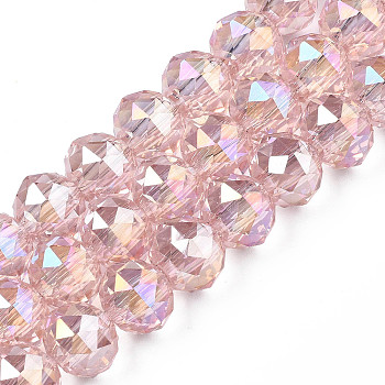 Transparent Crackle Glass Beads Strands, Faceted, Round, Pink, 10x8mm, Hole: 2.5mm, about 72Pcs/strand, 23.62 inch(60cm)