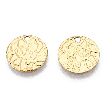 Ion Plating(IP) 304 Stainless Steel Charms, Textured, Flat Round Charm, Real 18K Gold Plated, 12x0.8mm, Hole: 1.4mm