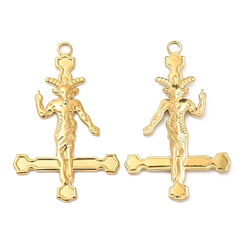 304 Stainless Steel Pendants, Cross with Baphomet Charm, Real 18K Gold Plated, 43x27x2mm, Hole: 3mm