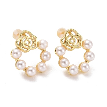 Plastic Pearl Beaded Ring with Flower Stud Earrings, Brass Jewelry for Women, Cadmium Free & Lead Free, Light Gold, 16x13.5x4mm, Pin: 0.9mm
