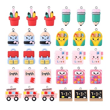 30Pcs 10 Styles School Season Opaque Resin Pendants, Study Supplies Charm, with Platinum Tone Iron Loops, Notebook & Pen Bag & Pencil, Mixed Shapes, Mixed Color, 23.5~31.5x14~30.5x4~8mm, Hole: 2~2.5mm, 3pcs/style