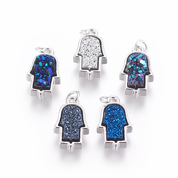 Druzy Resin Pendants, with Brass Finding, Hamsa Hand/Hand of Fatima/Hand of Miriam, Platinum, Mixed Color, 19x11x4~6mm, Hole: 3mm