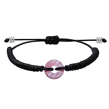 Synthetic Cherry Quartz Glass Donut Braided Bead Bracelet, Adjustable Gemstone Bracelet for Women, Black, Inner Diameter: 2~3-3/8 inch(5~8.6cm)