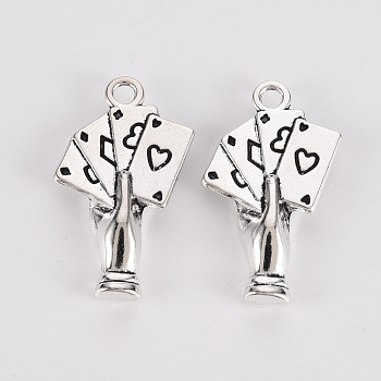 Tibetan Style Alloy Pendants, Lead Free & Cadmium Free, Hand with Poker, Antique Silver, 24.5x14x3.5mm, Hole: 2mm, about 290cs/500g