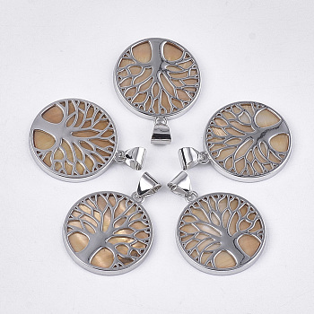 Freshwater Shell Pendants, with Alloy Findings, Dyed, Flat Round with Tree of Life, Platinum, Tan, 37.5x33.5x3mm, Hole: 6x8.5mm