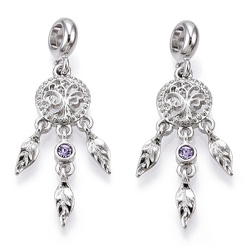 Rack Plating Alloy European Dangle Charms, with Tanzanite Rhinestone, Large Hole Pendants, Cadmium Free & Nickel Free & Lead Free, Woven Net/Web with Feather, Platinum, 45mm, Hole: 5mm, Feather: 12x4x4mm