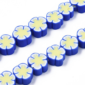 Handmade Polymer Clay Bead Strands, Flower, Blue, 6.5~10x7~10.5x4~5mm, Hole: 1.6mm, about 40pcs/strand, 11.61 inch~13.19 inch(29.5~33.5cm)