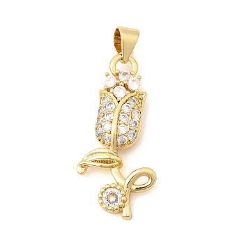 Brass Micro Pave Clear Cubic Zirconia Pendants, Long-Lasting Plated, Cadmium Free & Lead Free, Rack Plating, Flower Charms, Real 18K Gold Plated, 26.5x12.5x3.5mm, Hole: 4x3.5mm