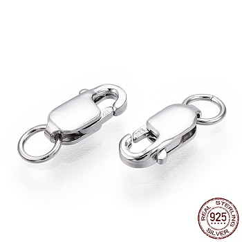 Rhodium Plated 925 Sterling Silver Lobster Claw Clasps, with Jump Rings, with 925 Stamp, Real Platinum Plated, 8x4x2mm, Hole: 2.2mm