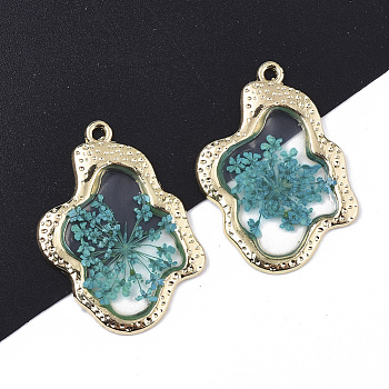 Epoxy Resin Pendants, with Dried Flower Inside and Light Gold Plated Alloy Open Back Bezel, Nuggets, Dark Turquoise, 35x26x1.5mm, Hole: 1.6mm