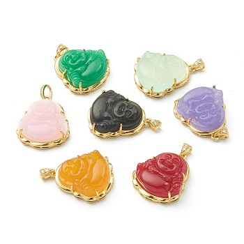 Brass Micro Pave Clear Cubic Zirconia Pendants, with Dyed & Heated Natural Agate, Laughing Buddha, Golden, Mixed Color, 33.5x27x11mm, Hole: 3x3mm