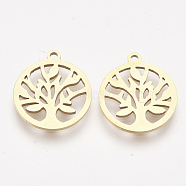 201 Stainless Steel Pendants, Laser Cut Pendants, Flat Round with Tree of Life, Golden, 17x15x1mm, Hole: 1.4mm(STAS-T044-87G)
