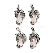 Natural Rose Quartz Brass Pendants, Flying Dragon Charms with Faceted Teardrop Gems, Antique Silver, 38x22x6mm(G-PW0004-66D)