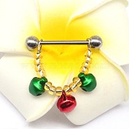 316L Surgical Stainless Steel Green & Red Enamel Christmas Bell Nipple Nail Rings, Stainless Steel Color, 19mm(WGB4C2C-04)