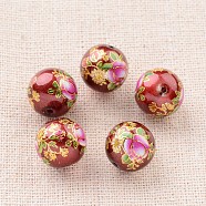 Flower Picture Printed Glass Round Beads, Red, 12mm, Hole: 1mm(GLAA-J087-12mm-B07)