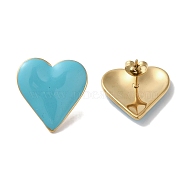 Heart 304 Stainless Steel Enamel Stud Earrings for Women, Real 18K Gold Plated, Dark Turquoise, 21x20.5mm(EJEW-I303-21G-04)