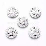 304 Stainless Steel Charms, Flat Round with Human, Stainless Steel Color, 14x1mm, Hole: 0.7mm(STAS-G214-49P)
