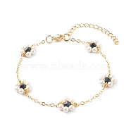 Shell Pearl & Acrylic Beads Flower Link Bracelets, with Brass Cable Chains, Golden, Black, 2mm, 7-1/4 inch(18.4cm)(X1-BJEW-TA00003-05)