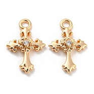 Brass Micro Pave Cubic Zirconia Charm, Cross, Real 18K Gold Plated, 13x8.5x2.5mm, Hole: 1.4mm(KK-E090-04G)