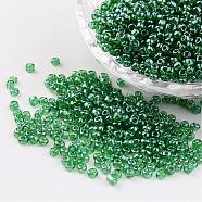 Round Glass Seed Beads, Trans. Colours Lustered, Dark Green, Size: about 3mm in diameter, hole: 1mm, about 1097pcs/50g(X-SEED-A006-3mm-107B)