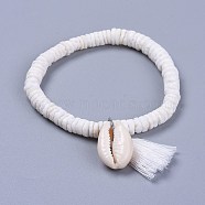 Cotton Thread Tassels Charm Bracelets, with Shell Beads and Cowrie Shell Beads, with Burlap Paking Pouches Drawstring Bags, White, 2 inch(5~5.1cm)(BJEW-JB04385-04)