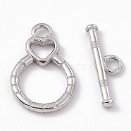304 Stainless Steel Toggle Clasps, Flat Round with Heart, Stainless Steel Color, Bar: 6x19.5x2mm, hole: 2.5mm, Flat Round with Heart: 21x13.5x2mm, hole: 2.5mm(STAS-G299-01P)