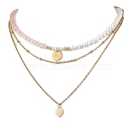 Shell Pearl Necklaces, with Glass Beads and 304 Stainless Steel Cable Chain Necklaces, 3 Layer Necklaces, Golden, 16.89 inch(42.9cm)(NJEW-JN04893)