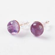 Natural Amethyst Ear Studs, with Iron Findings, Half Round, 8x4.5mm, Pin: 0.7mm(EJEW-G223-A11)