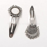 Iron Snap Hair Clip Findings, with Tibetan Style Alloy Flower Cabochon Settings, Cadmium Free & Lead Free, Antique Silver, Tray: 14mm, 57mm(MAK-J002-04AS)