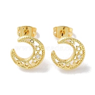 Rack Plated Brass Studs Earring, with Cubic Zirconia, Long-Lasting Plated, Lead Free & Cadmium Free, Moon, Real 18K Gold Plated, 11x10.5mm(EJEW-Z043-02G)