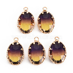 Gradient Color Glass Pendants, with Brass Prong Settings, Faceted, Oval, Light Gold, Goldenrod, 19x11x5.5mm, Hole: 1.6mm(GLAA-S193-006-B03)